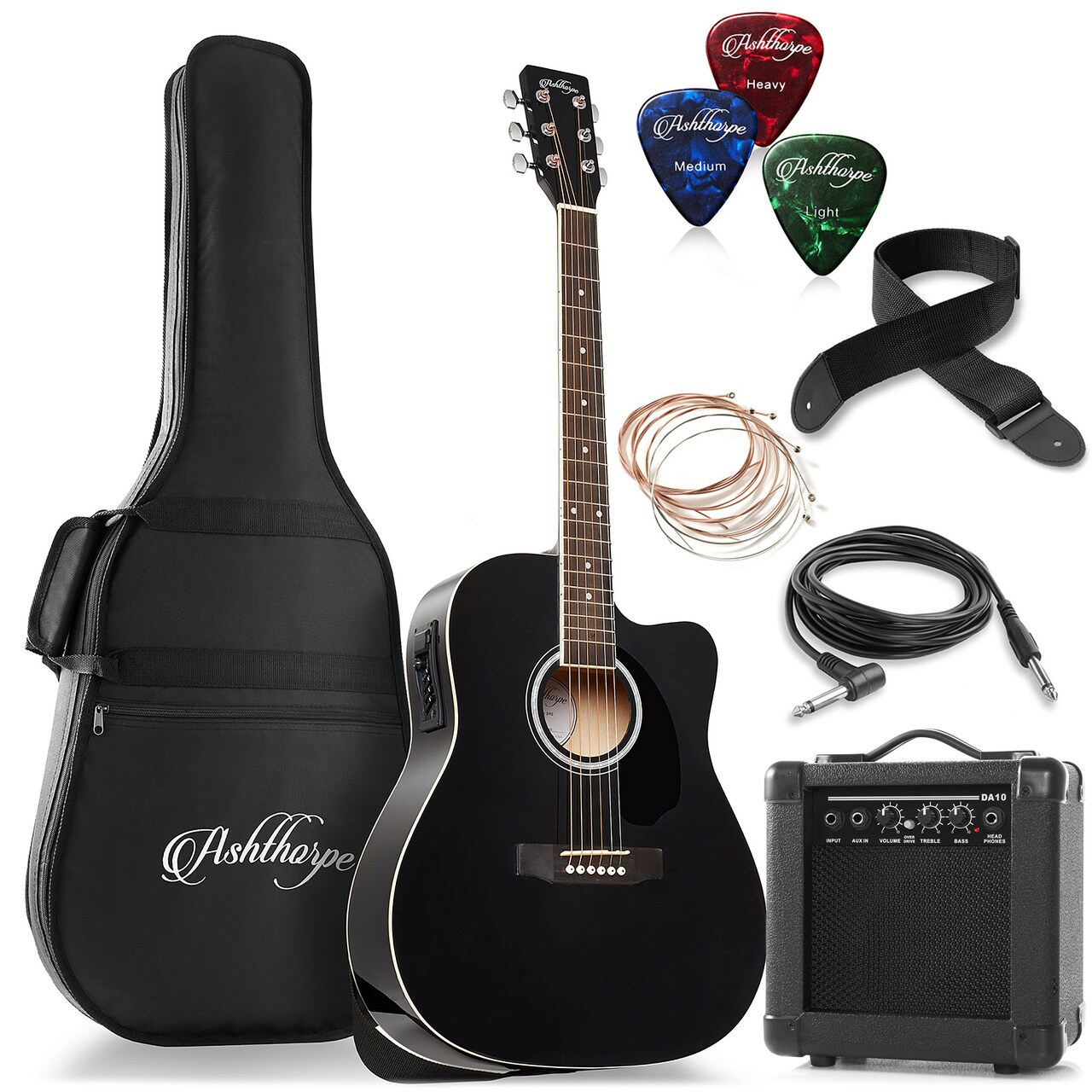 Ashthorpe Full-Size Dreadnought Cutaway Acoustic Electric Guitar Package with 10 Watt Amp